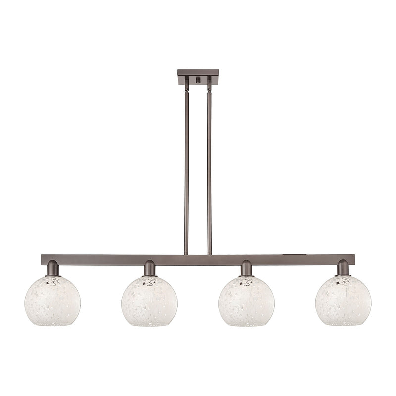 Innovations Lighting White Mouchette 51in 4-Light Island Light | Industrial Oil Rubbed Bronze Steel and White Glass | Kitchen | Model 716-4I-OB-G1216-8WM