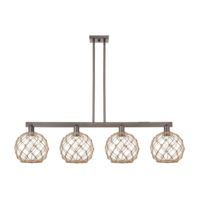 Innovations Farmhouse Rope 53in 4-Light Island Light | Industrial Oil Rubbed Bronze Steel and Clear Glass with Brown Rope | Model 716-4I-OB-G122-10RB