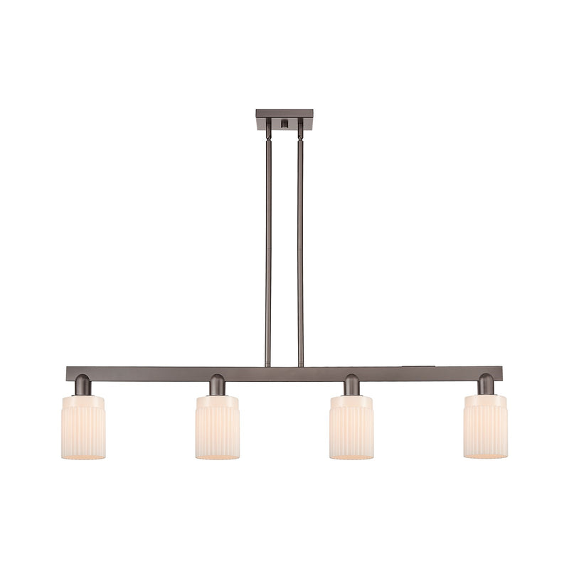 Innovations Hadley 47in 4-Light Island Light | Industrial Oil Rubbed Bronze Steel and Matte White Glass | Kitchen Island & Dining | Model 716-4I-OB-G341