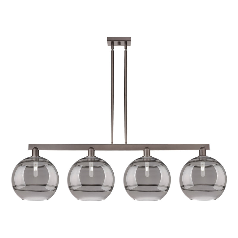 Innovations Rochester 55in 4-Light Island Light | Industrial Oil Rubbed Bronze Steel and Light Smoke Glass | Kitchen Island & | Model 716-4I-OB-G556-12SM