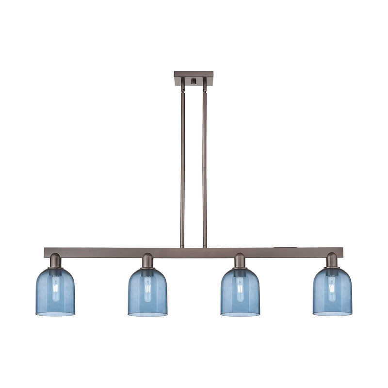 Innovations Bella 48in 4-Light Island Light | Industrial Oil Rubbed Bronze Steel and Blue Glass | Kitchen Island & Dining Room | Model 716-4I-OB-G558-6BL