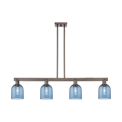 Innovations Bella 48in 4-Light Island Light | Industrial Oil Rubbed Bronze Steel and Blue Glass | Kitchen Island & Dining Room | Model 716-4I-OB-G558-6BL
