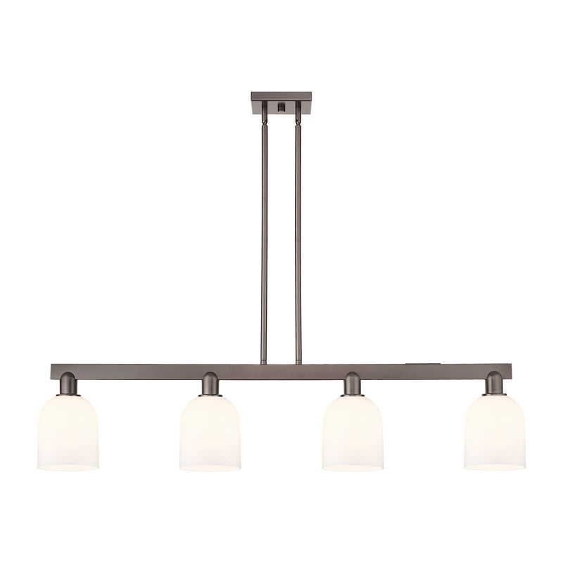 Innovations Bella 48in 4-Light Island Light | Industrial Oil Rubbed Bronze Steel and White Glass | Kitchen Island & Dining | Model 716-4I-OB-G558-6GWH