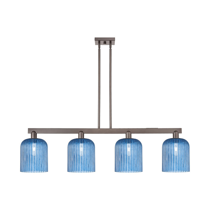 Innovations Bridal Veil 51in 4-Light Island Light | Industrial Oil Rubbed Bronze Steel and Princess Blue Glass | Kitchen Island | Model 716-4I-OB-G559-8BL