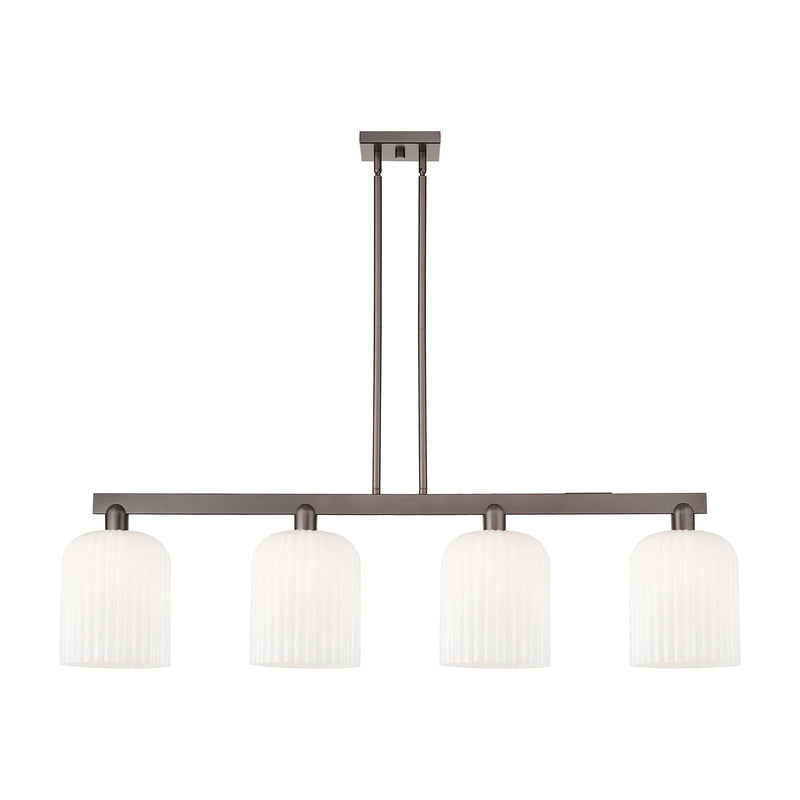 Innovations Bridal Veil 51in 4-Light Island Light | Industrial Oil Rubbed Bronze Steel and Gloss White Ribbed Glass | Kitchen | Model 716-4I-OB-G559-8GWH