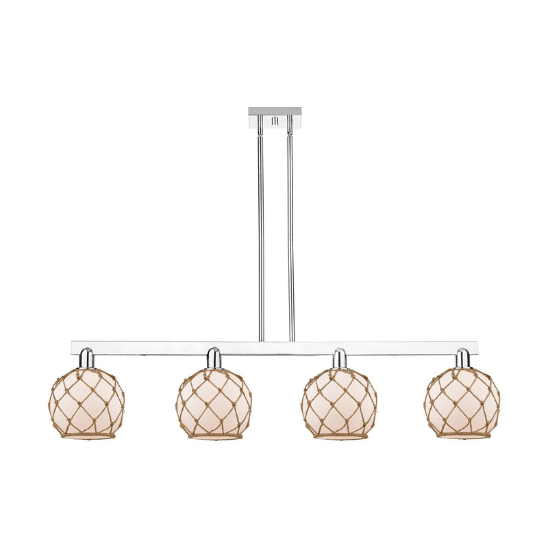 Innovations Farmhouse Rope 51in 4-Light Island Light | Industrial Polished Chrome and White Frosted Glass with Brown Rope | Model 716-4I-PC-G121-8RB