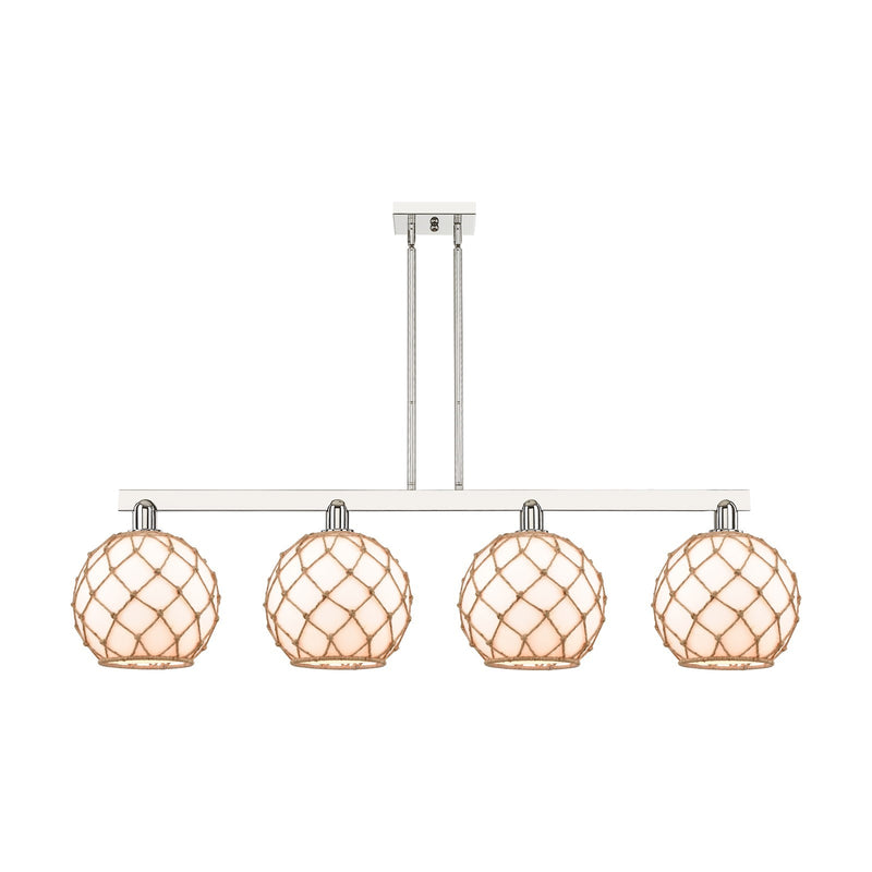 Innovations Farmhouse Rope 53in 4-Light Island Light | Industrial Polished Nickel Steel and Matte White Glass with Brown Rope | Model 716-4I-PN-G121-10RB