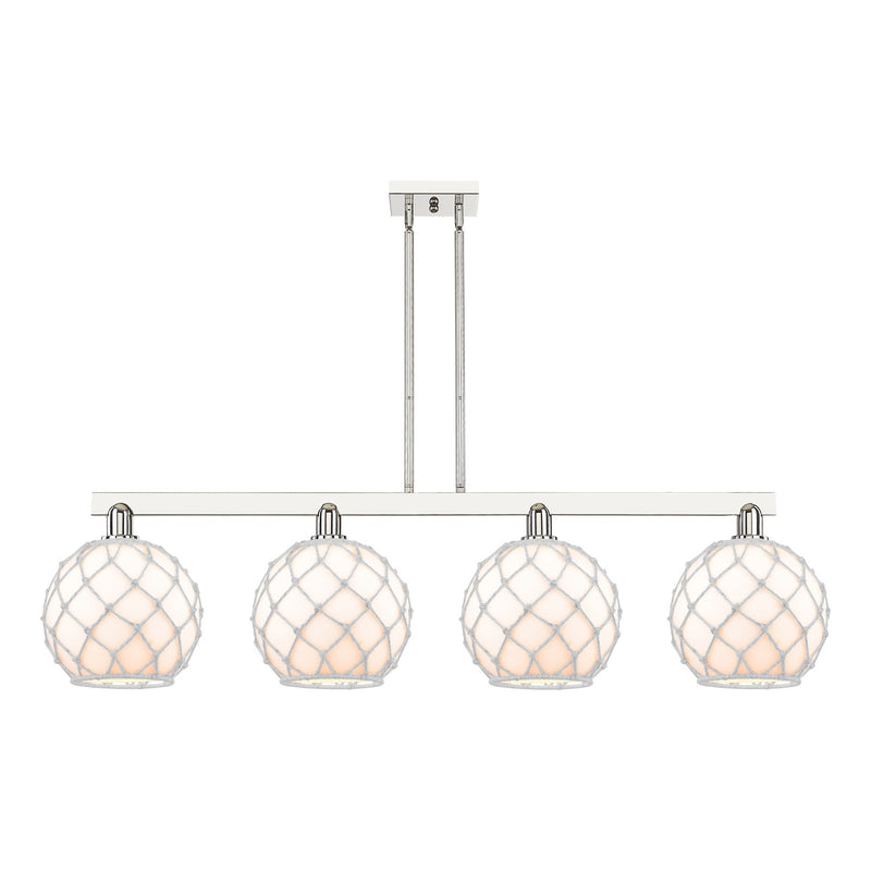 Innovations Farmhouse Rope 53in 4-Light Island Light | Industrial Polished Nickel Steel and White Glass with Rope | Kitchen | Model 716-4I-PN-G121-10RW