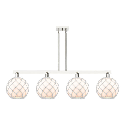 Innovations Farmhouse Rope 53in 4-Light Island Light | Industrial Polished Nickel Steel and White Glass with Rope | Kitchen | Model 716-4I-PN-G121-10RW