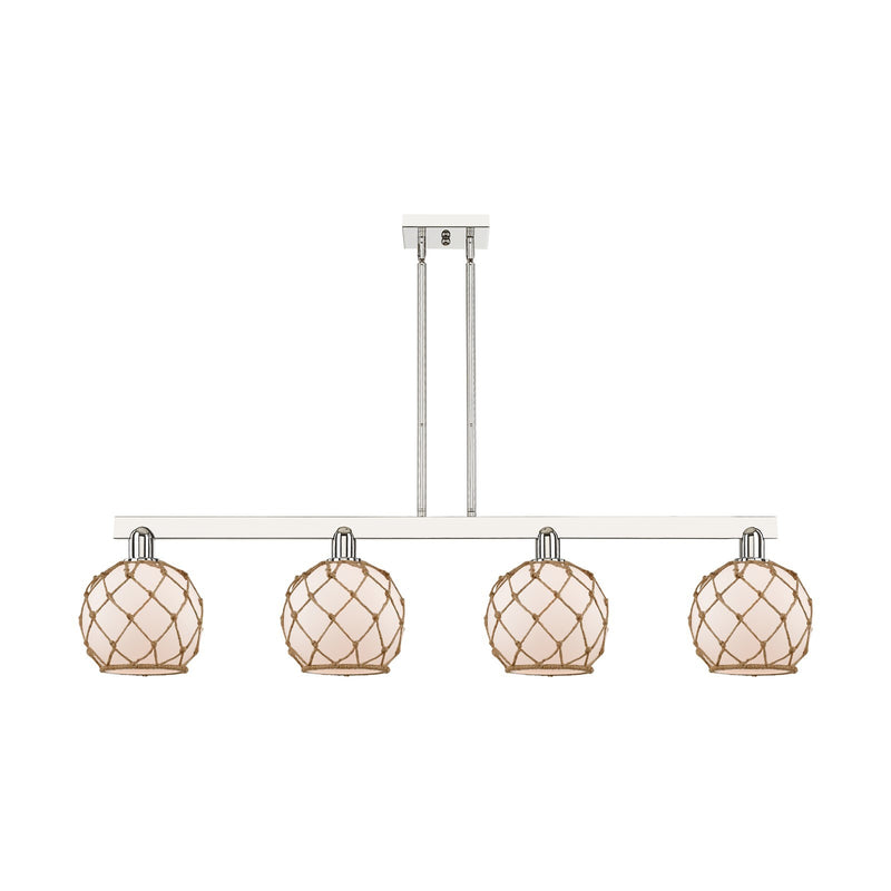 Innovations Farmhouse Rope 51in 4-Light Island Light | Industrial Polished Nickel Steel and White Frosted Glass with Brown Rope | Model 716-4I-PN-G121-8RB