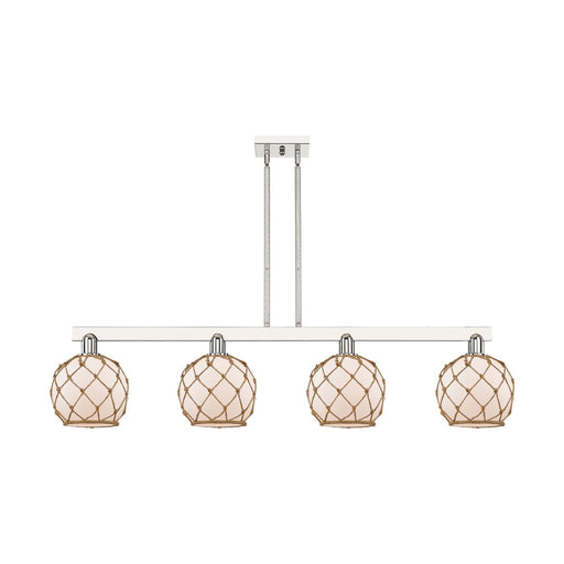 Innovations Farmhouse Rope 51in 4-Light Island Light | Industrial Polished Nickel Steel and White Frosted Glass with Brown Rope | Model 716-4I-PN-G121-8RB