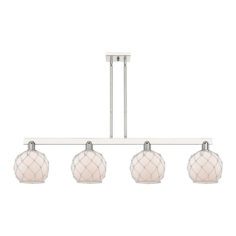 Innovations Farmhouse Rope 51in 4-Light Island Light | Industrial Polished Nickel and White Frosted Glass with Rope | Kitchen | Model 716-4I-PN-G121-8RW