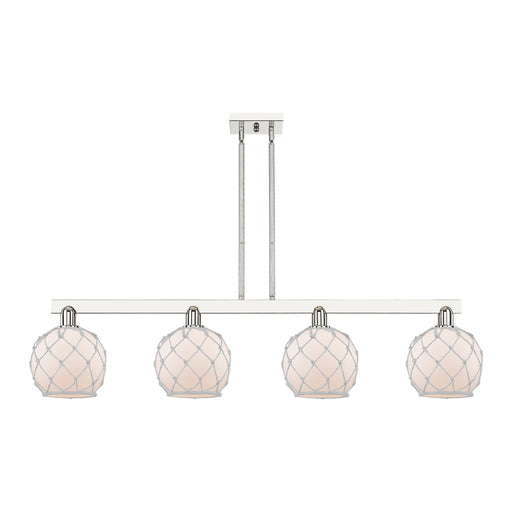 Innovations Farmhouse Rope 51in 4-Light Island Light | Industrial Polished Nickel and White Frosted Glass with Rope | Kitchen | Model 716-4I-PN-G121-8RW