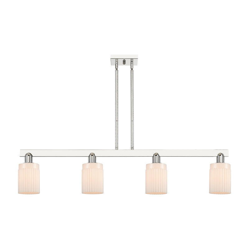 Innovations Hadley 47in 4-Light Island Light | Industrial Polished Nickel and Matte White Ribbed Glass | Kitchen Island & Dining | Model 716-4I-PN-G341