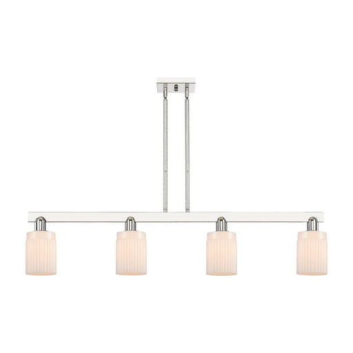 Innovations Hadley 47in 4-Light Island Light | Industrial Polished Nickel and Matte White Ribbed Glass | Kitchen Island & Dining | Model 716-4I-PN-G341