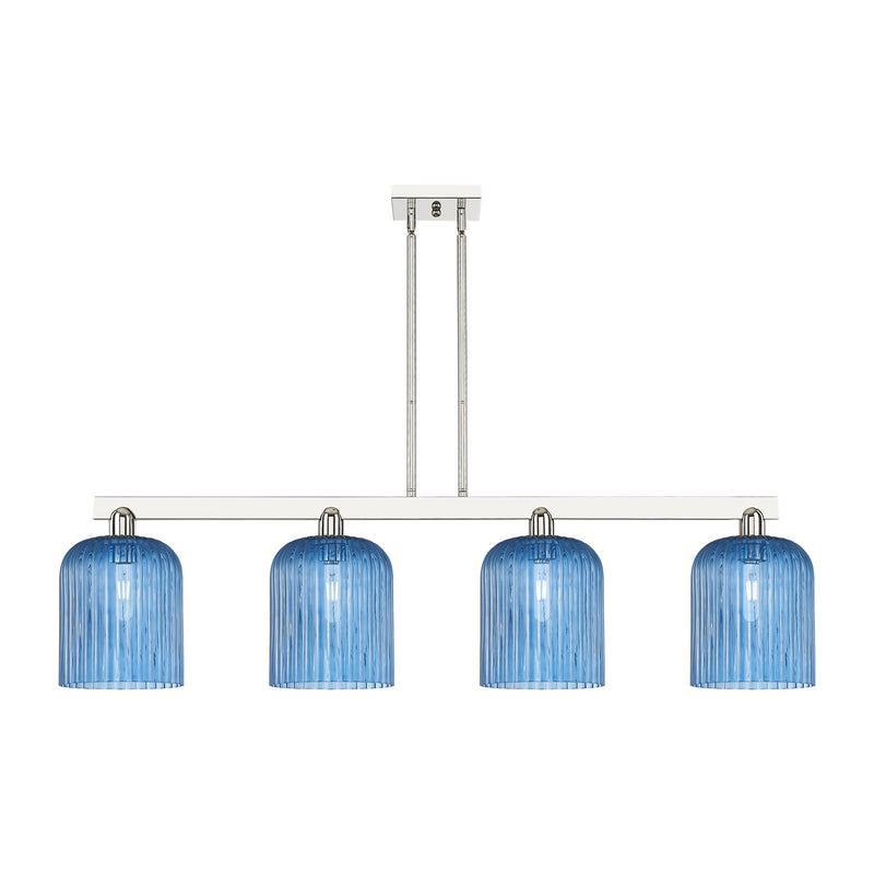 Innovations Bridal Veil 51in 4-Light Island Light | Industrial Polished Nickel and Princess Blue Ribbed Glass | Kitchen Island | Model 716-4I-PN-G559-8BL
