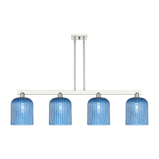 Innovations Bridal Veil 51in 4-Light Island Light | Industrial Polished Nickel and Princess Blue Ribbed Glass | Kitchen Island | Model 716-4I-PN-G559-8BL