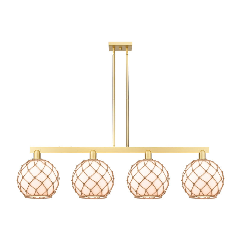 Innovations Farmhouse Rope 53in 4-Light Island Light | Industrial Satin Gold Steel and Matte White Glass with Rope | Kitchen | Model 716-4I-SG-G121-10RB