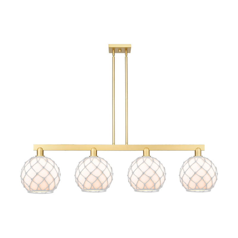 Innovations Farmhouse Rope 53in 4-Light Island Light | Industrial Satin Gold Steel and White Glass with Rope | Kitchen Island | Model 716-4I-SG-G121-10RW