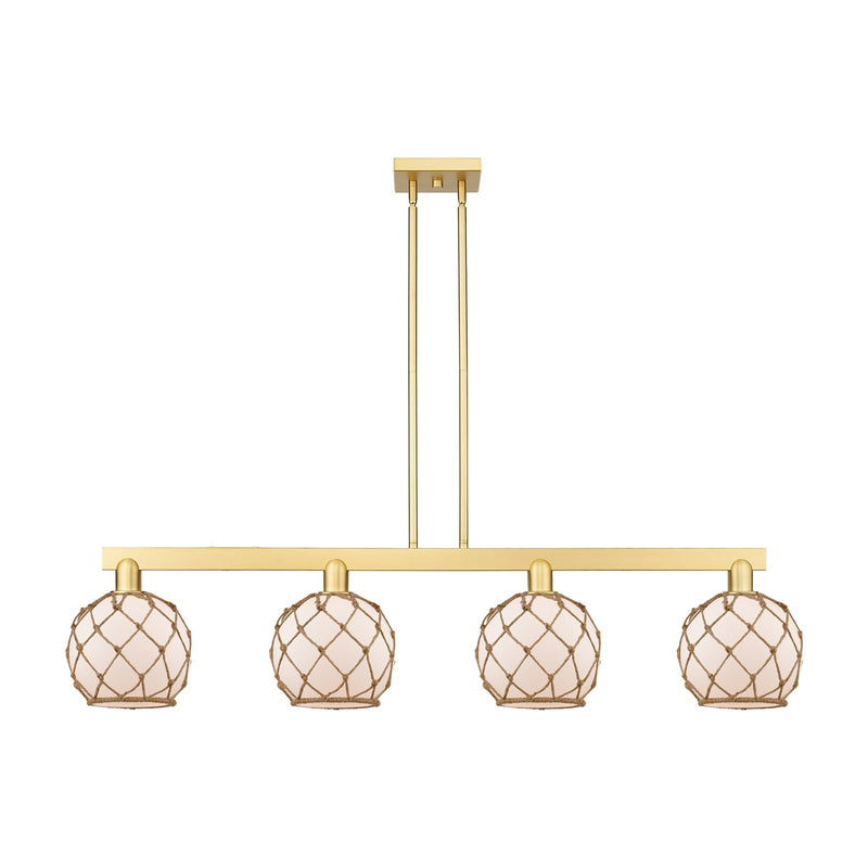 Innovations Farmhouse Rope 51in 4-Light Island Light | Industrial Satin Gold Steel and White Frosted Glass with Brown Rope | Model 716-4I-SG-G121-8RB