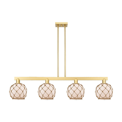 Innovations Farmhouse Rope 51in 4-Light Island Light | Industrial Satin Gold Steel and White Frosted Glass with Brown Rope | Model 716-4I-SG-G121-8RB