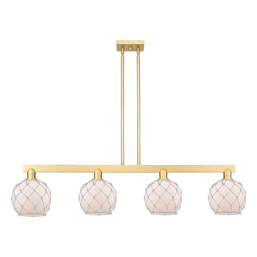 Innovations Farmhouse Rope 51in 4-Light Island Light | Industrial Satin Gold Steel and White Glass with Rope | Kitchen Island & | Model 716-4I-SG-G121-8RW