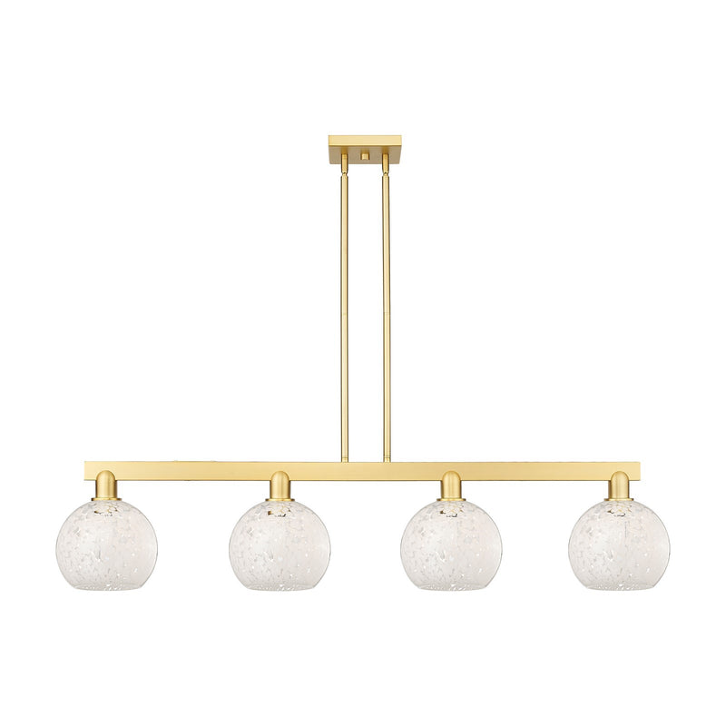 Innovations White Mouchette 51in 4-Light Island Light | Industrial Satin Gold Steel and Cast Brass with White Mouchette Glass | Model 716-4I-SG-G1216-8WM