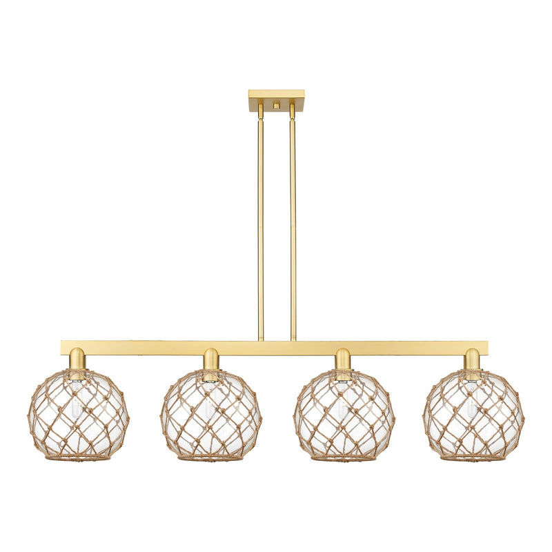 Innovations Farmhouse Rope 53in 4-Light Island Light | Industrial Satin Gold Steel and Clear Glass with Brown Rope | Kitchen | Model 716-4I-SG-G122-10RB