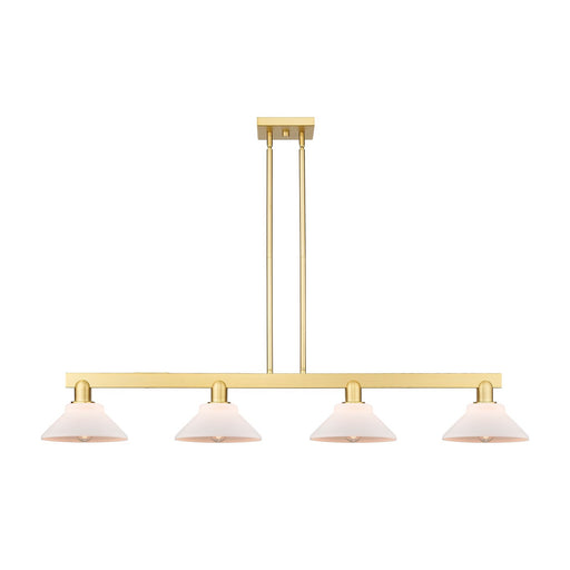 Innovations Orwell 51in 4-Light Island Light | Industrial Satin Gold Steel and Matte White Glass | Kitchen Island & Dining Room | Model 716-4I-SG-G131