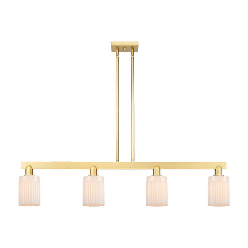 Innovations Hadley 47in 4-Light Island Light | Industrial Satin Gold Steel and Matte White Glass | Kitchen Island & Dining Room | Model 716-4I-SG-G341