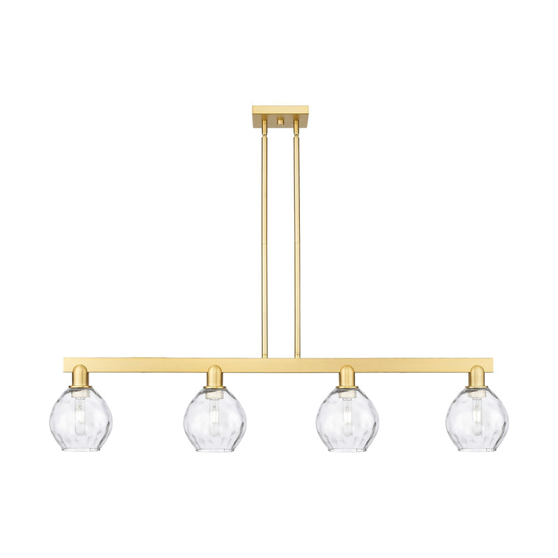 Innovations Waverly 49in 4-Light Island Light | Industrial Satin Gold Steel and Clear Glass | Kitchen Island & Dining Room | Model 716-4I-SG-G362