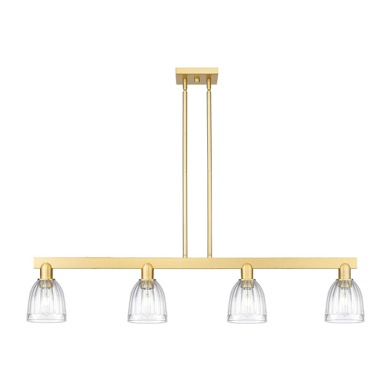 Innovations Brookfield 48.5in 4-Light Island Light | Industrial Satin Gold Steel and Cast Brass with Clear Ribbed Glass | Kitchen | Model 716-4I-SG-G442