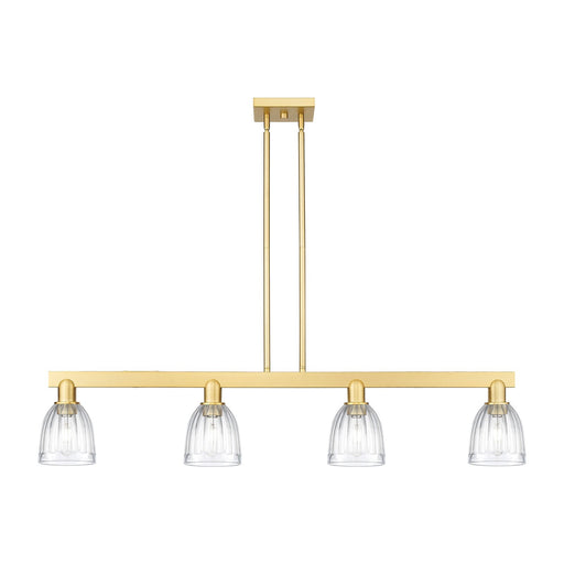Innovations Brookfield 48.5in 4-Light Island Light | Industrial Satin Gold Steel and Cast Brass with Clear Ribbed Glass | Kitchen | Model 716-4I-SG-G442