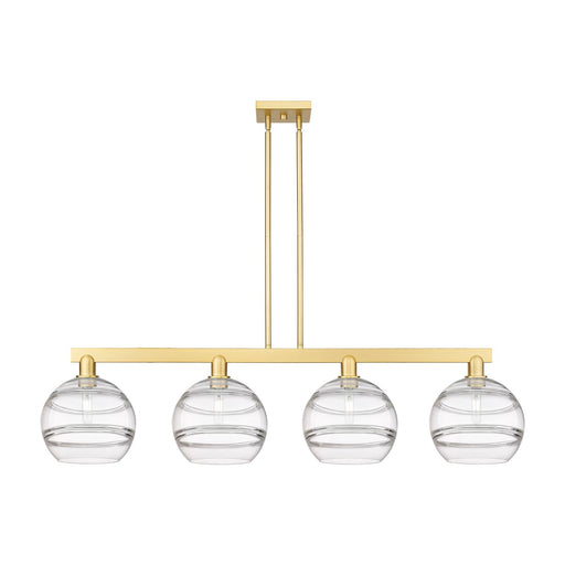 Innovations Rochester 53in 4-Light Island Light | Industrial Satin Gold Steel and Clear Glass | Kitchen Island & Dining Room | Model 716-4I-SG-G556-10CL