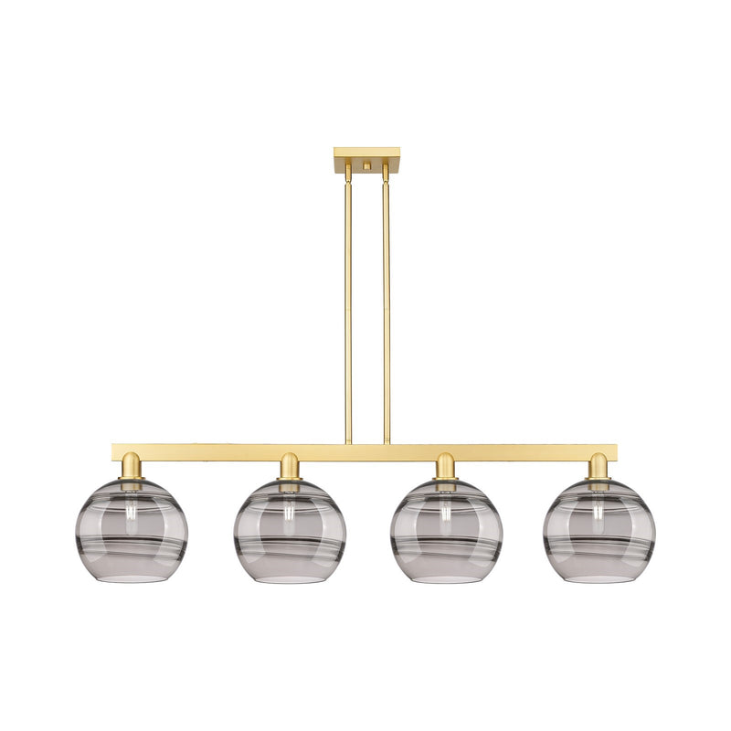 Innovations Rochester 53in 4-Light Island Light | Industrial Satin Gold Steel and Cast Brass with Light Smoke Glass | Kitchen | Model 716-4I-SG-G556-10SM
