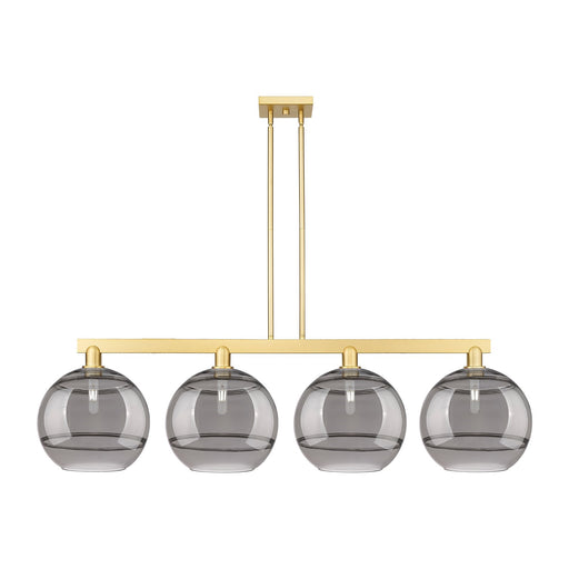 Innovations Rochester 55in 4-Light Island Light | Industrial Satin Gold Steel and Cast Brass with Light Smoke Glass | Kitchen | Model 716-4I-SG-G556-12SM