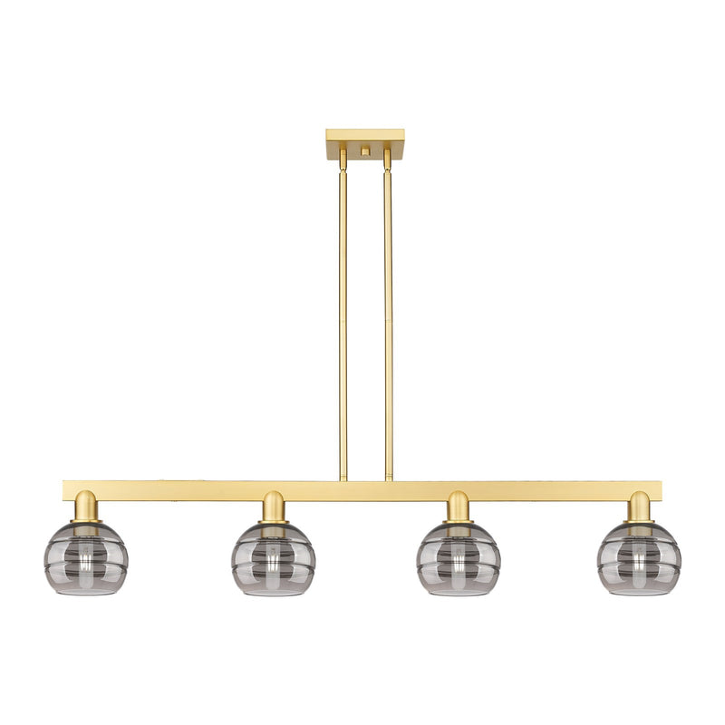 Innovations Rochester 49in 4-Light Island Light | Industrial Satin Gold Steel and Light Smoke Glass | Kitchen Island & Dining | Model 716-4I-SG-G556-6SM
