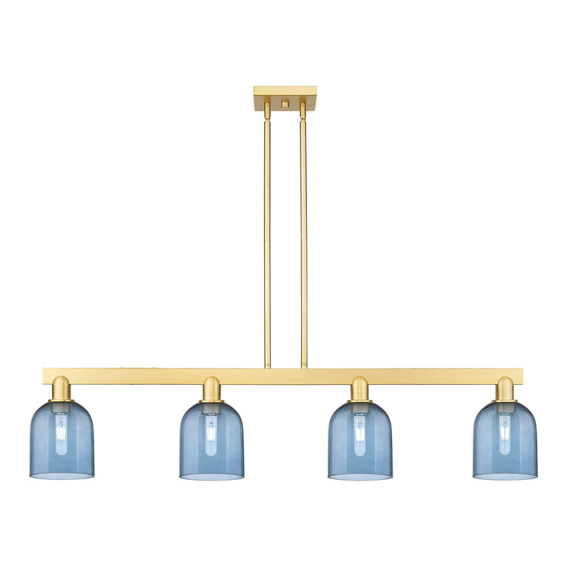 Innovations Bella 48in 4-Light Island Light | Industrial Satin Gold Steel and Blue Glass | Kitchen Island & Dining Room | Model 716-4I-SG-G558-6BL