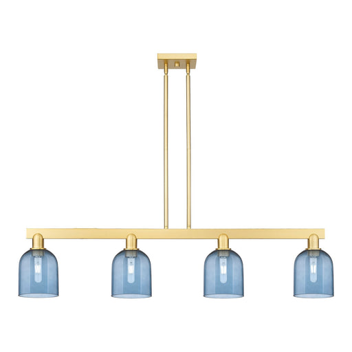 Innovations Bella 48in 4-Light Island Light | Industrial Satin Gold Steel and Blue Glass | Kitchen Island & Dining Room | Model 716-4I-SG-G558-6BL