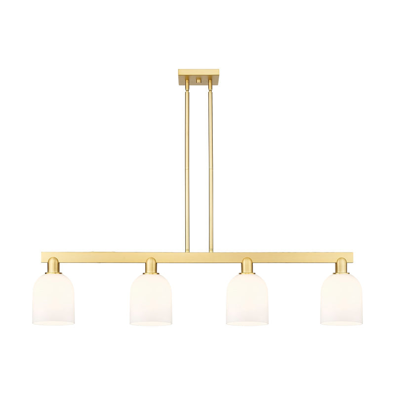 Innovations Bella 48in 4-Light Island Light | Industrial Satin Gold Steel and White Glass | Kitchen Island & Dining Room | Model 716-4I-SG-G558-6GWH