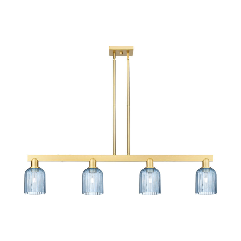 Innovations Bridal Veil 48in 4-Light Island Light | Industrial Satin Gold Steel and Princess Blue Ribbed Glass | Kitchen Island | Model 716-4I-SG-G559-5BL