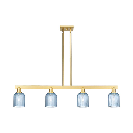 Innovations Bridal Veil 48in 4-Light Island Light | Industrial Satin Gold Steel and Princess Blue Ribbed Glass | Kitchen Island | Model 716-4I-SG-G559-5BL