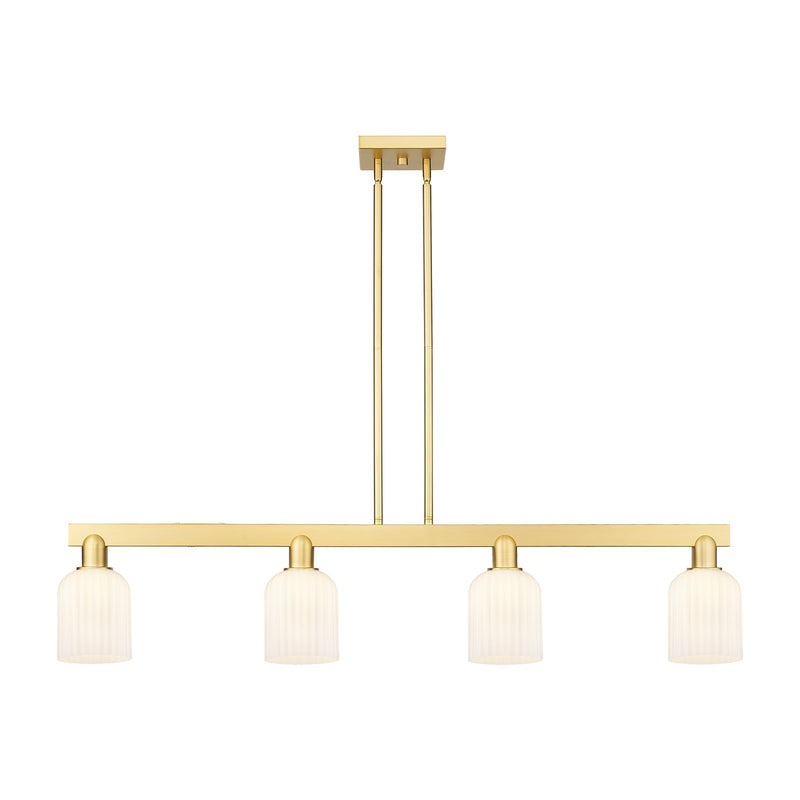 Innovations Bridal Veil 48in 4-Light Island Light | Industrial Satin Gold Steel and Gloss White Ribbed Glass | Kitchen Island | Model 716-4I-SG-G559-5GWH