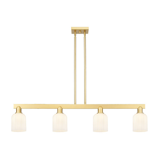 Innovations Bridal Veil 48in 4-Light Island Light | Industrial Satin Gold Steel and Gloss White Ribbed Glass | Kitchen Island | Model 716-4I-SG-G559-5GWH