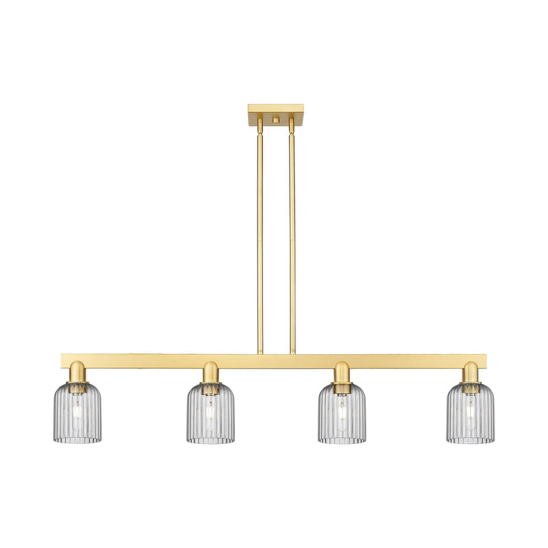 Innovations Bridal Veil 48in 4-Light Island Light | Industrial Satin Gold Steel and Light Smoke Ribbed Glass | Kitchen Island & | Model 716-4I-SG-G559-5SM