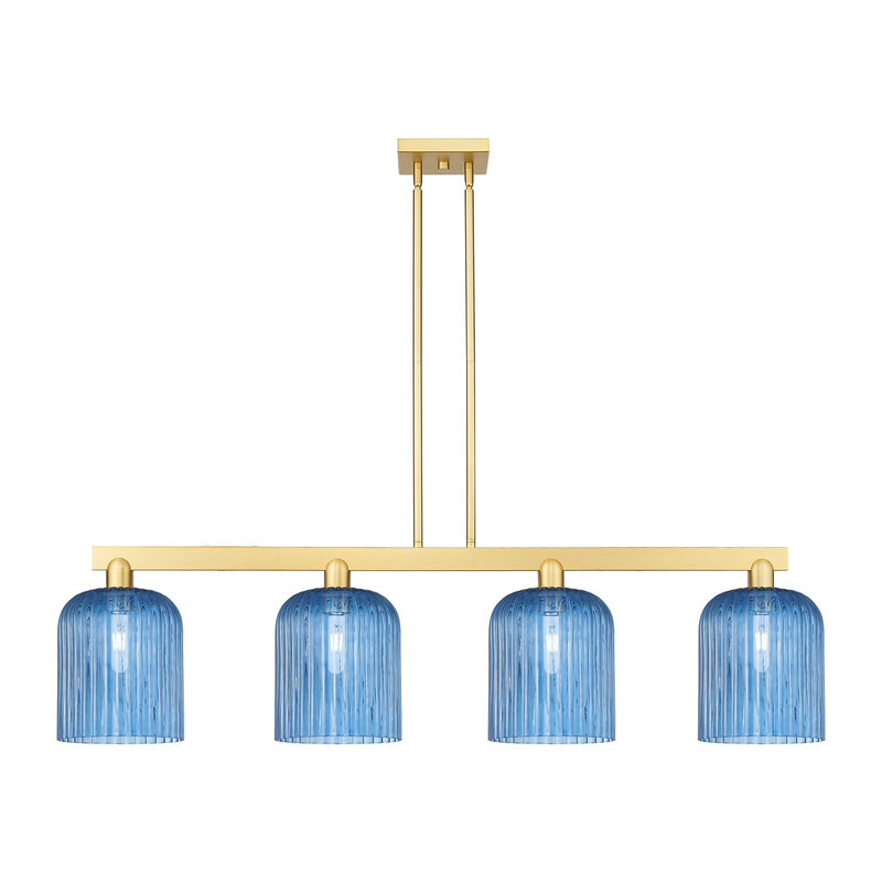Innovations Bridal Veil 51in 4-Light Island Light | Industrial Satin Gold Steel and Princess Blue Ribbed Glass | Kitchen Island | Model 716-4I-SG-G559-8BL