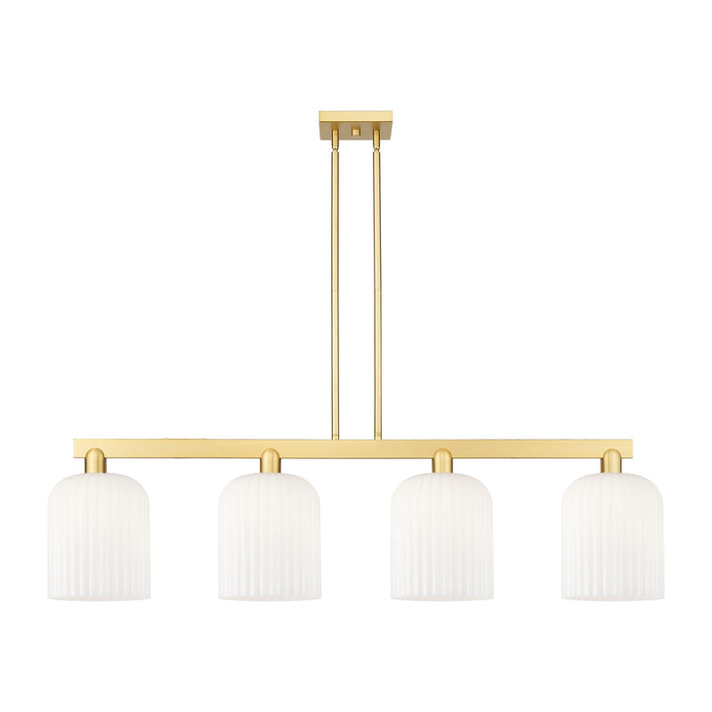 Innovations Bridal Veil 51in 4-Light Island Light | Industrial Satin Gold Steel and Gloss White Ribbed Glass | Kitchen Island | Model 716-4I-SG-G559-8GWH