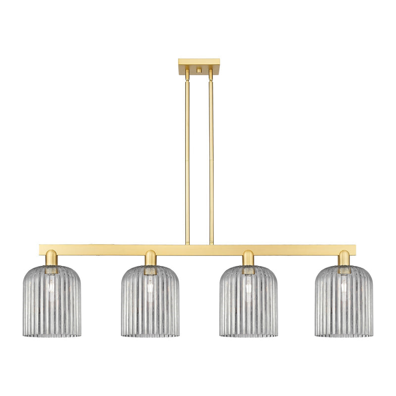 Innovations Bridal Veil 51in 4-Light Island Light | Industrial Satin Gold Steel and Cast Brass with Light Smoke Ribbed Glass | Model 716-4I-SG-G559-8SM