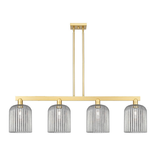 Innovations Bridal Veil 51in 4-Light Island Light | Industrial Satin Gold Steel and Cast Brass with Light Smoke Ribbed Glass | Model 716-4I-SG-G559-8SM