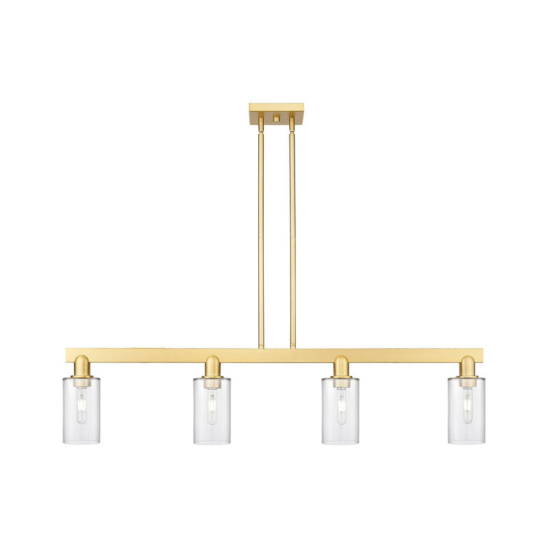Innovations Clymer 47in 4-Light Island Light | Industrial Satin Gold Steel and Clear Glass | Kitchen Island & Dining Room | Model 716-4I-SG-G802
